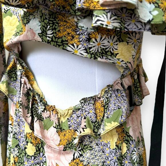 Rokh Womens Slit Frill Dress Multicolor Floral Short Sleeve Asymmetric S… - Picture 8 of 13